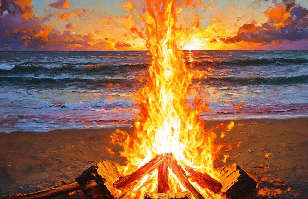 The painting depicts a tranquil beach at sunset, with a sky in vibrant shades of orange, pink, and purple. A bonfire in the foreground casts a warm glow and long shadows on the sand. The scene evokes a sense of peace and natural beauty.