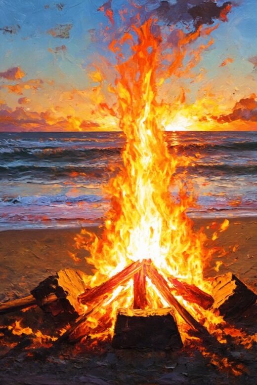 The painting depicts a tranquil beach at sunset, with a sky in vibrant shades of orange, pink, and purple. A bonfire in the foreground casts a warm glow and long shadows on the sand. The scene evokes a sense of peace and natural beauty.