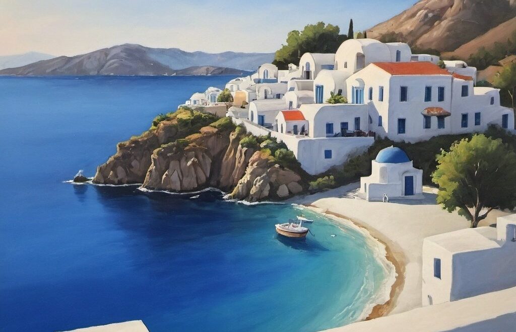 This painting shows a picturesque Greek island village with traditional houses by a bright blue sea.
