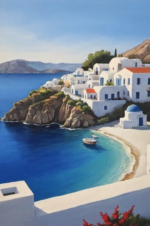 This painting shows a picturesque Greek island village with traditional houses by a bright blue sea.